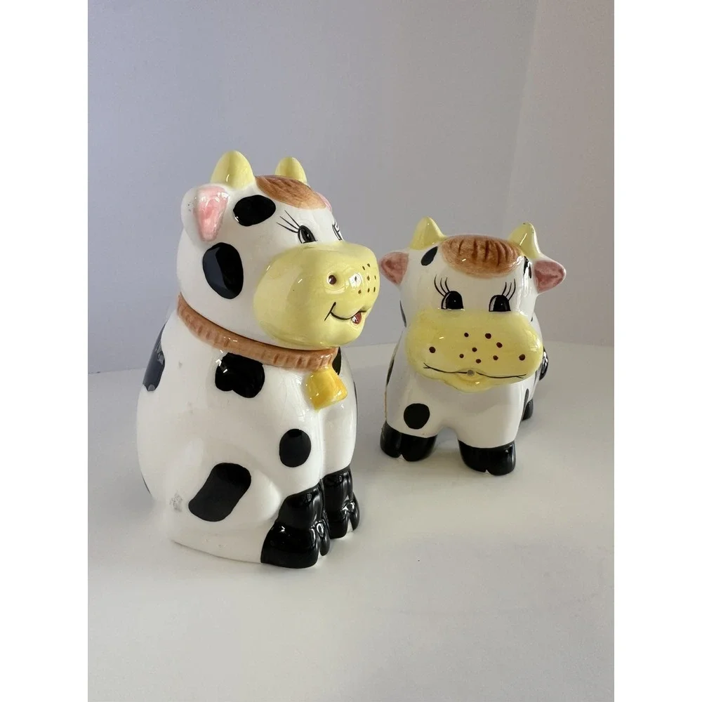 Vintage Ceramic Cow Creamer and Sugar Bowl Set Black White Spotted Farmhouse